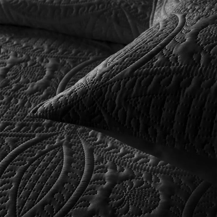 Close-up of textured black fabric with intricate patterns