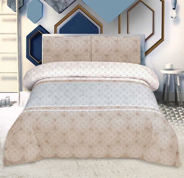 Beige and white quilt set on a bed with geometric wall art in the background