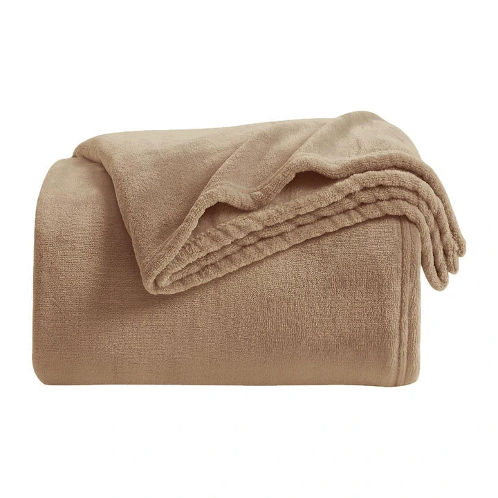 beige plush throw blanket with close up view in white background
