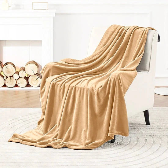 beige plush throw blanket on sofa  with simple elegant  background