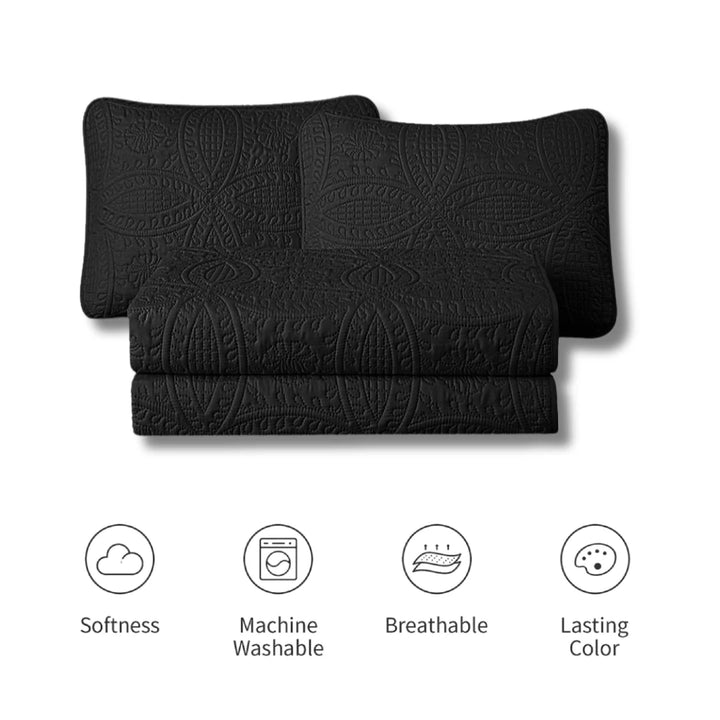 Set of black textured pillows on a white background with icons indicating softness, machine washability, breathability, and lasting color.