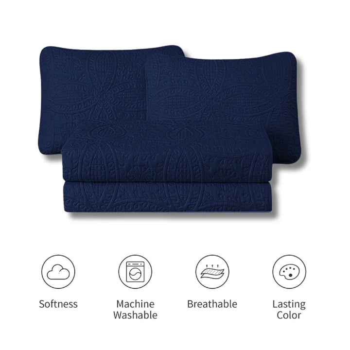 Navy blue quilt with quilted design on a white background