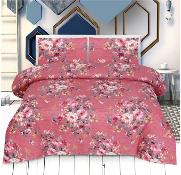 Floral bedding set on a bed in a room with geometric wall art.