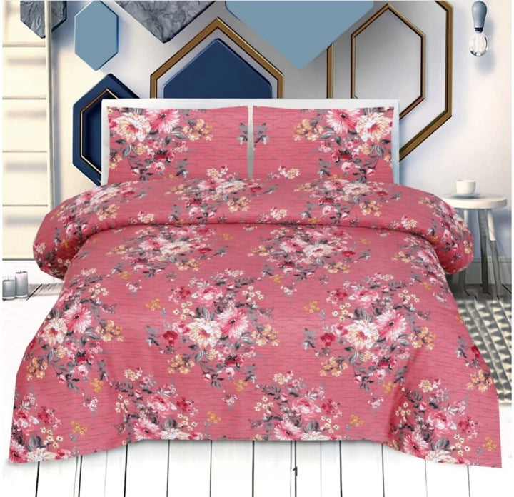 Floral bedding set on a bed in a room with geometric wall art.
