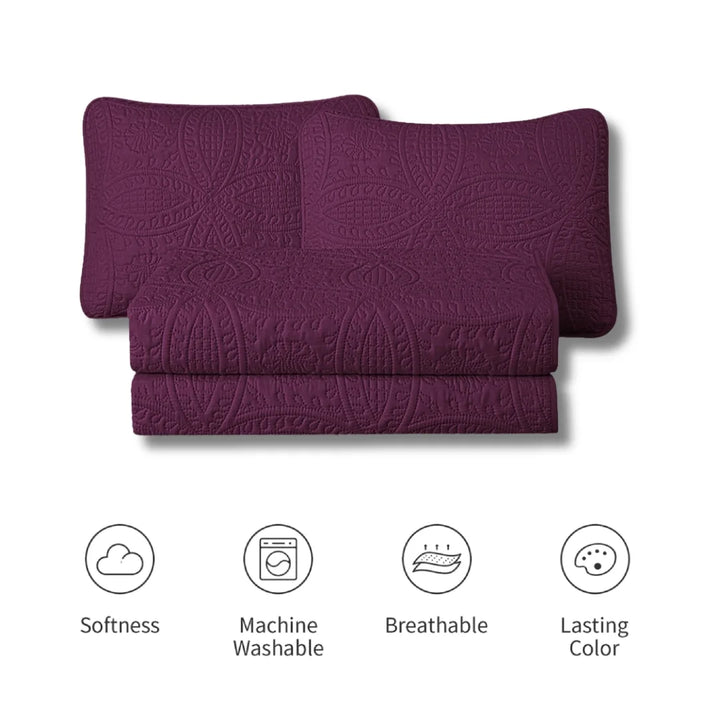 Purple textured blanket and pillow set on a white background with feature icons below.