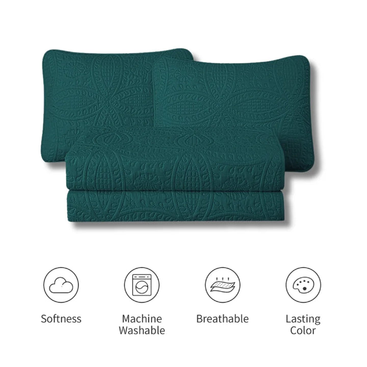 Teal textured blanket with product features on a white background